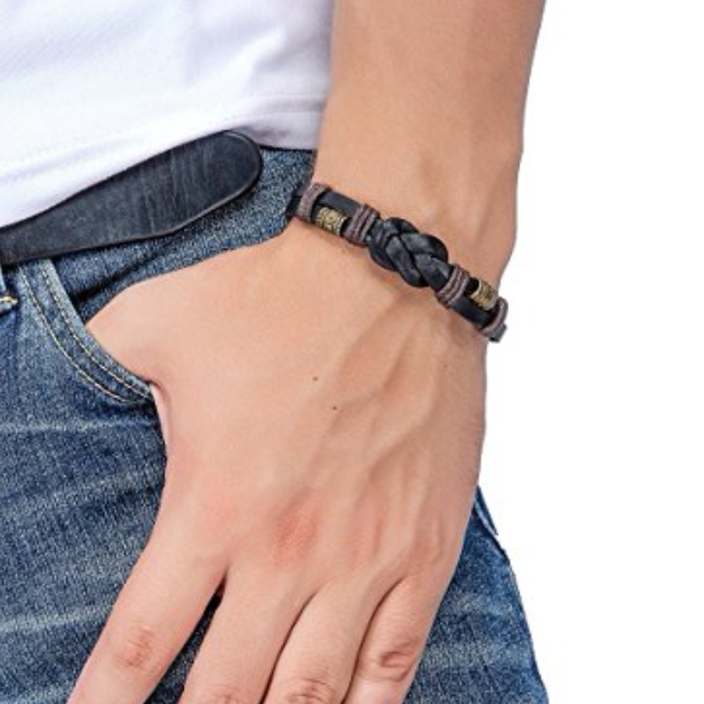 New Stylish Men Rope Leather Bracelet Bangle 8.5" - Picture 4 of 4